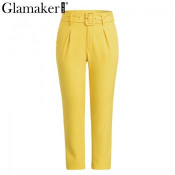 White buckle belt trousers women pants Female loose work high waist suit pants Yellow Rose Khaki